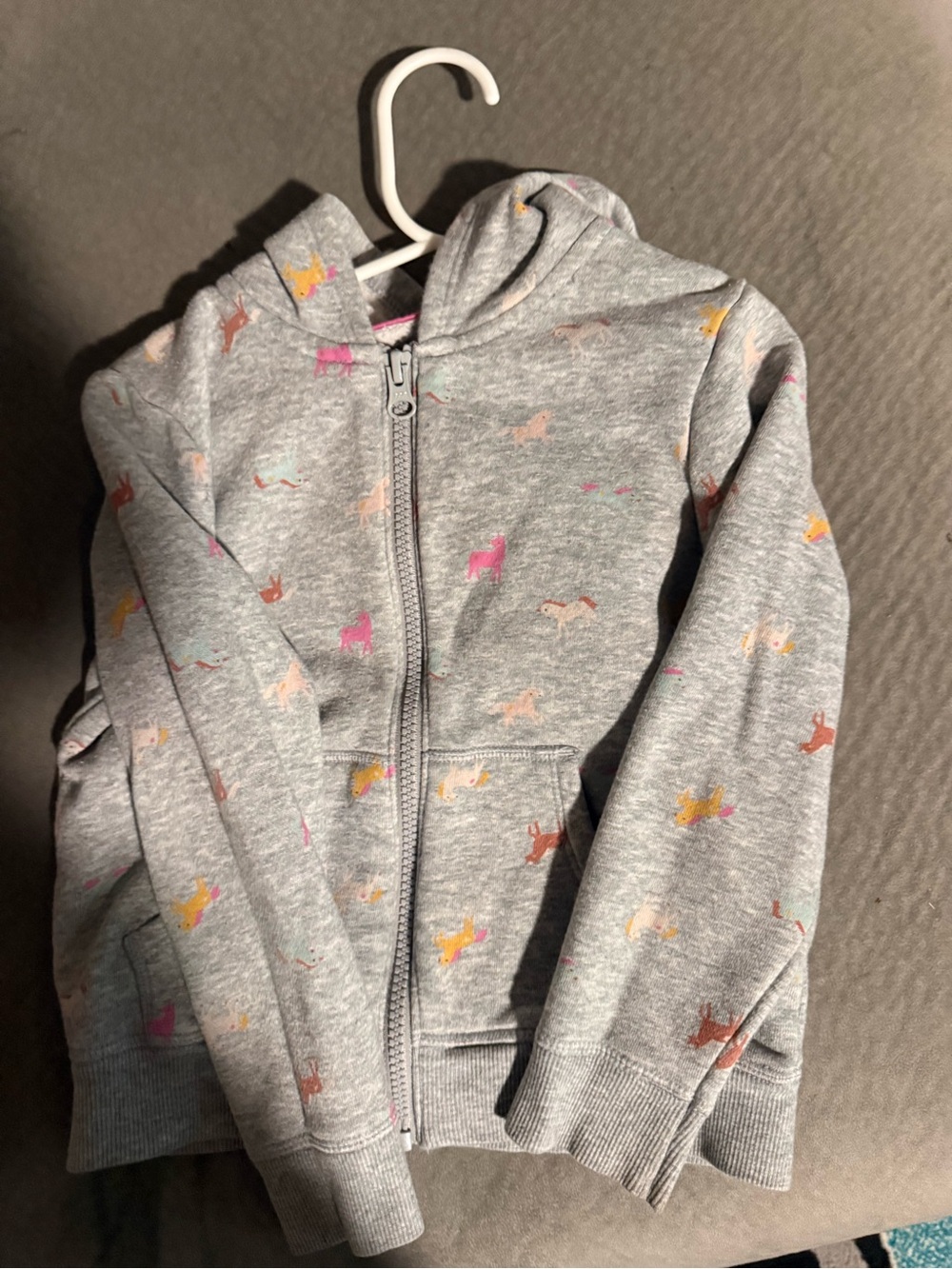 Grey Kids Zip Hoodie with Colorful Horse Print